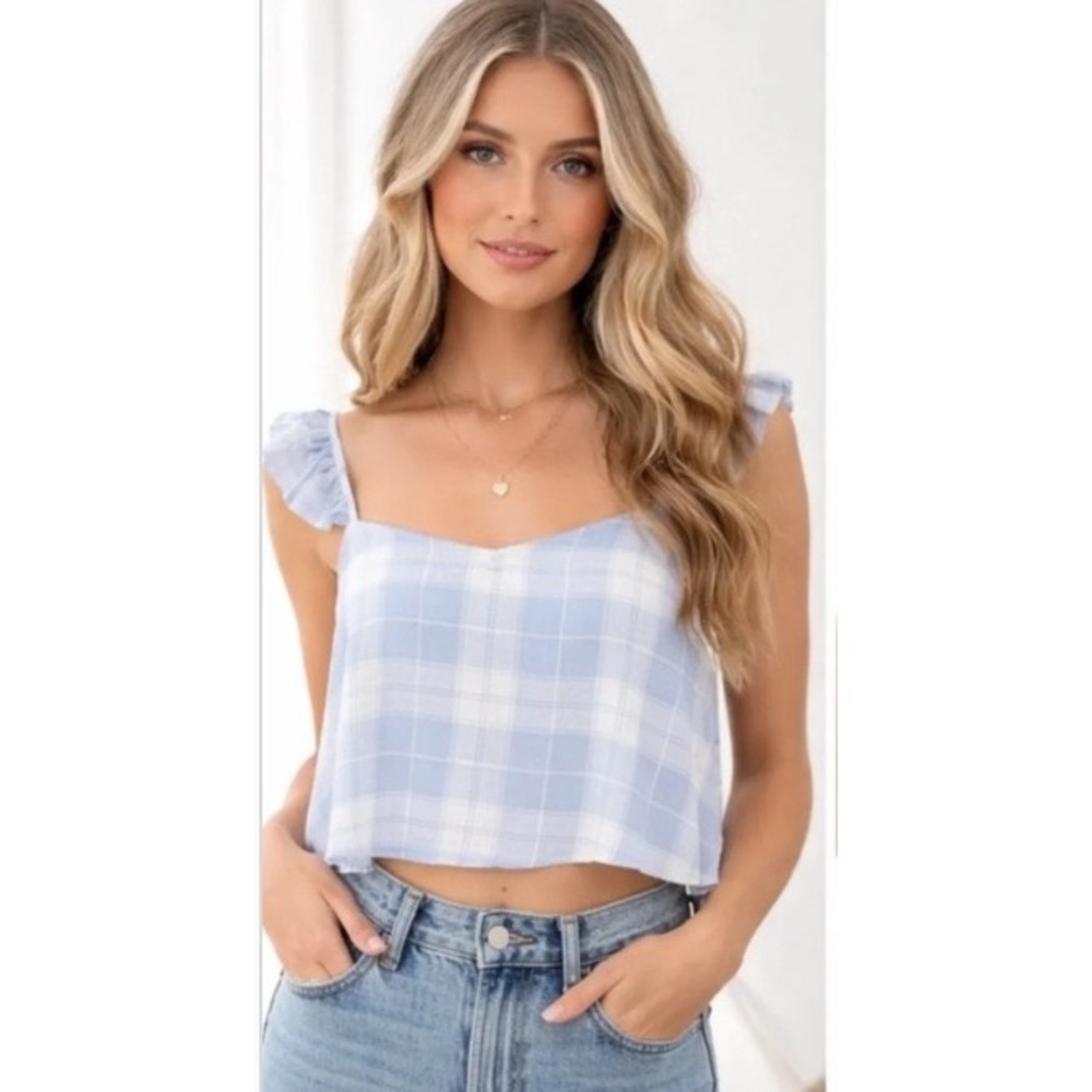 Promesa Plaid Ruffle Strap Crop‎ Top Womens Medium Blue White NWT